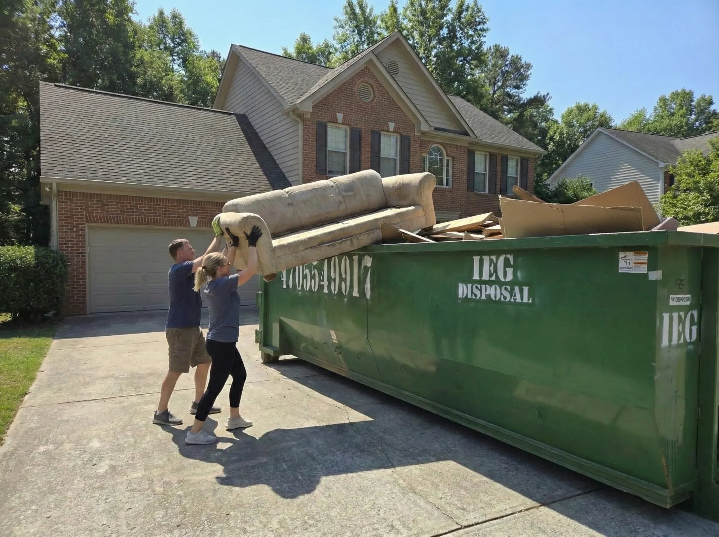 A couple placing an old couch in one of our dumpsters.