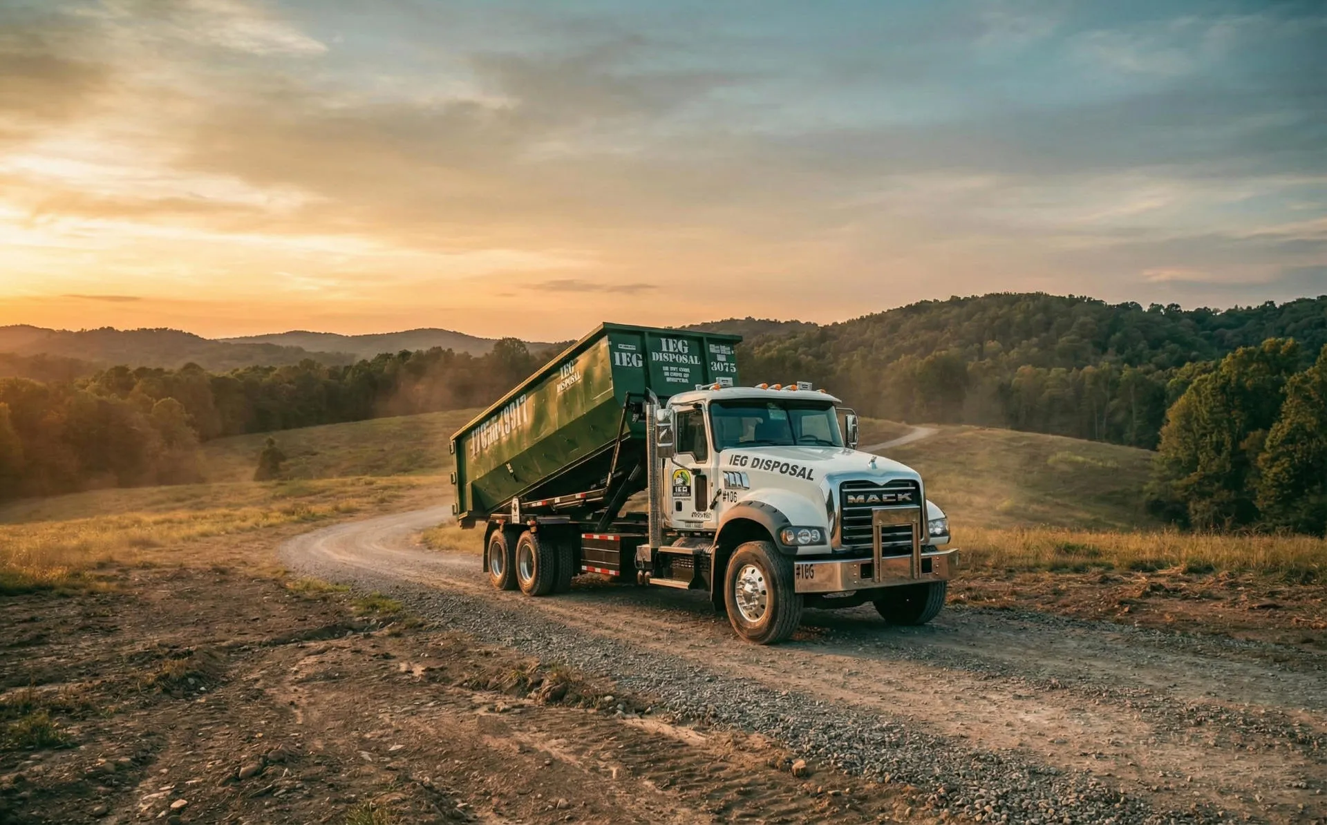 A truck driving a dumpster though a field
